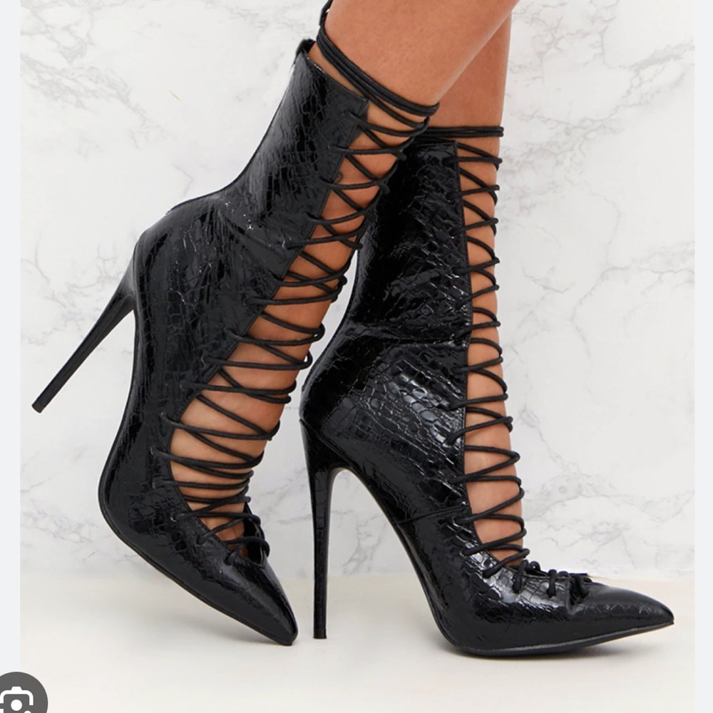 pretty little thing black lace up croc detail